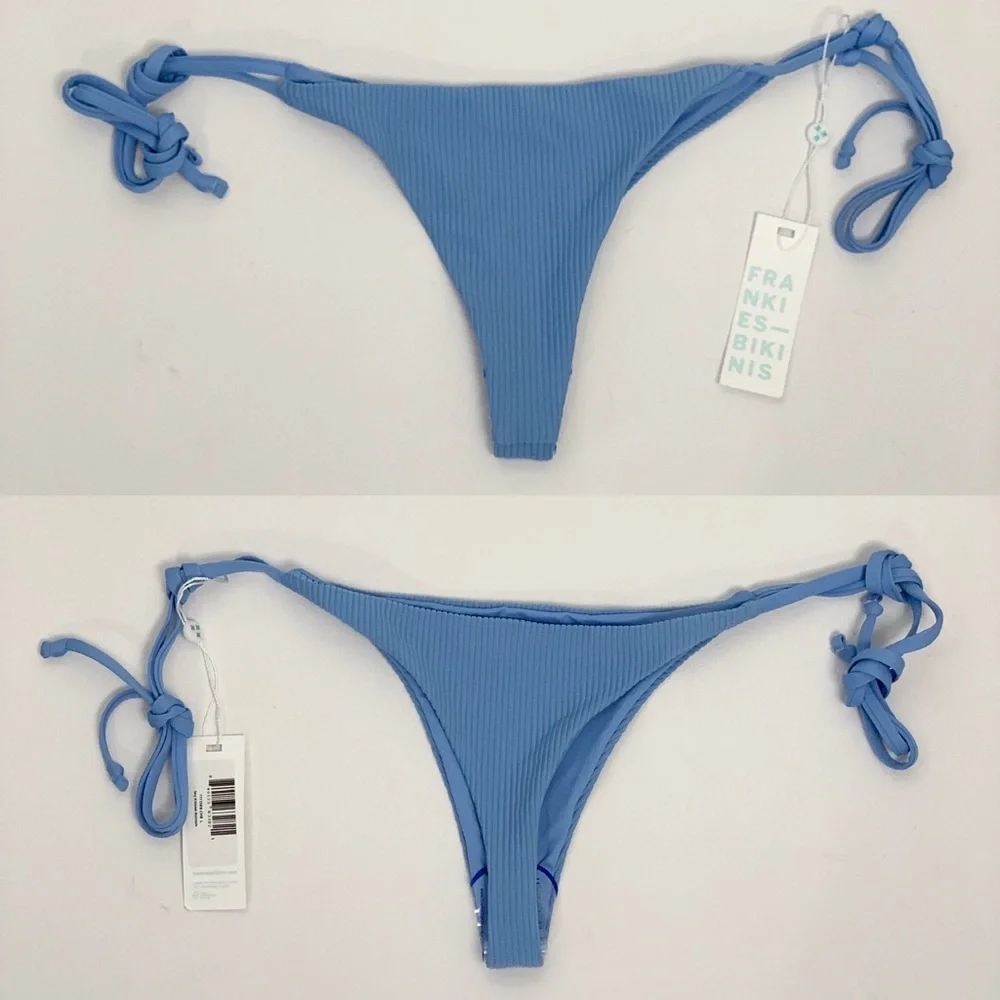 Frankie’s Bikinis Blue Sky Ribbed Side Tie Bottoms Sz L